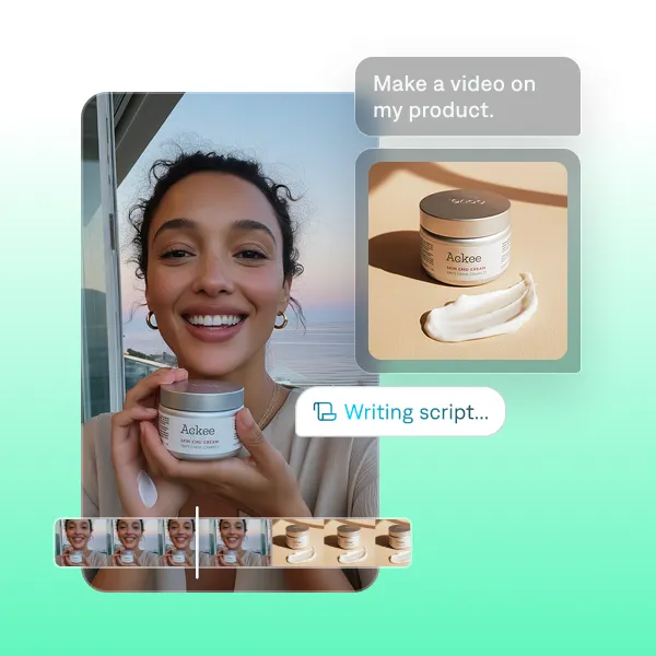 AI video creation tool generating a product promo video. A woman holds a skincare jar while the interface displays 'Make a video on my product' and 'Writing script,' showcasing how to create AI-powered product demo videos from a simple text prompt.