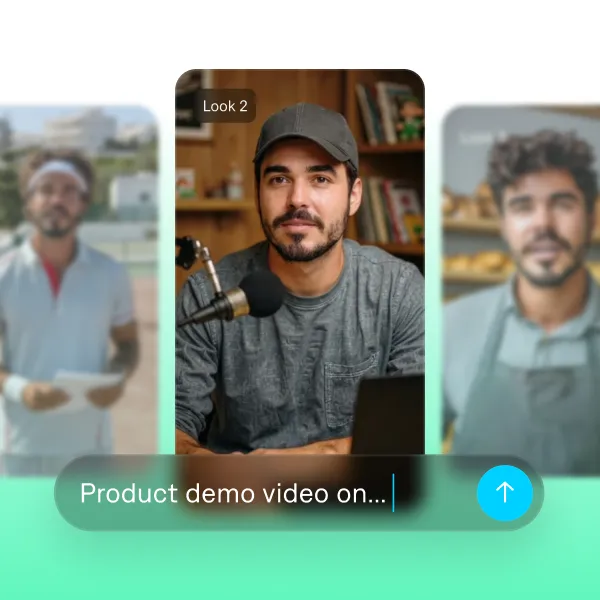 AI video generator interface showing a man recording for a product demo. The screen displays a text prompt and AI avatar options, demonstrating how to quickly create and scale product demo video variants.