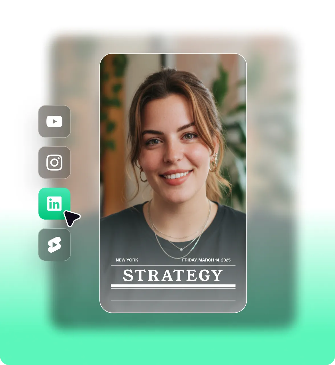 Smiling woman in a dark top surrounded by social media icons and event details, showing how Captions creates scroll-ready social media videos.